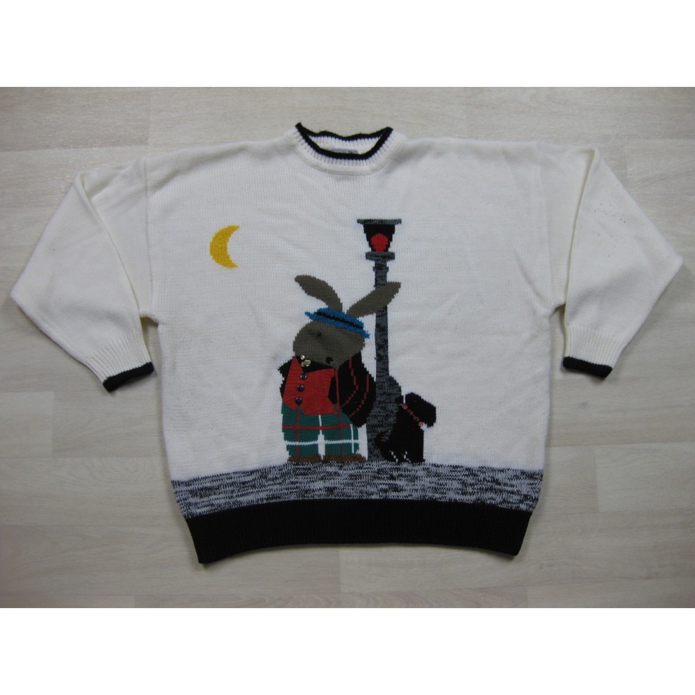 Vintage 80s Rabbit Gentleman‎ and His Dog Sweater (26W) Granny Core Grandma